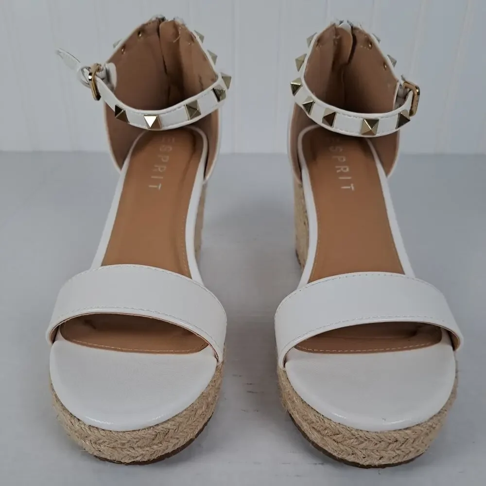 Esprit Espadrille Wedge Sandals White Studded Ankle Strap Back Zipper Womens 8.5